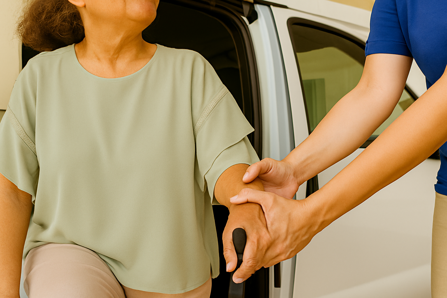 Helping an elderly woman get out of van